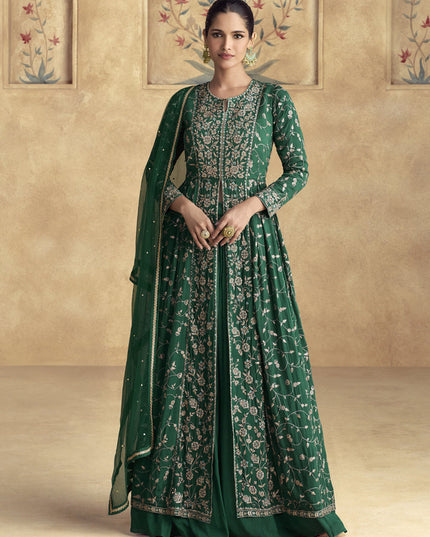 Emerald Green Chinnon Silk Embroidered Designer Lehenga Kameez