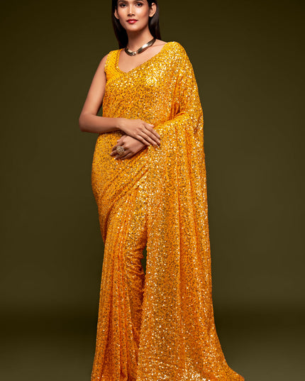 Captivating Yellow Georgette Thread and Sequins Embroidery Saree
