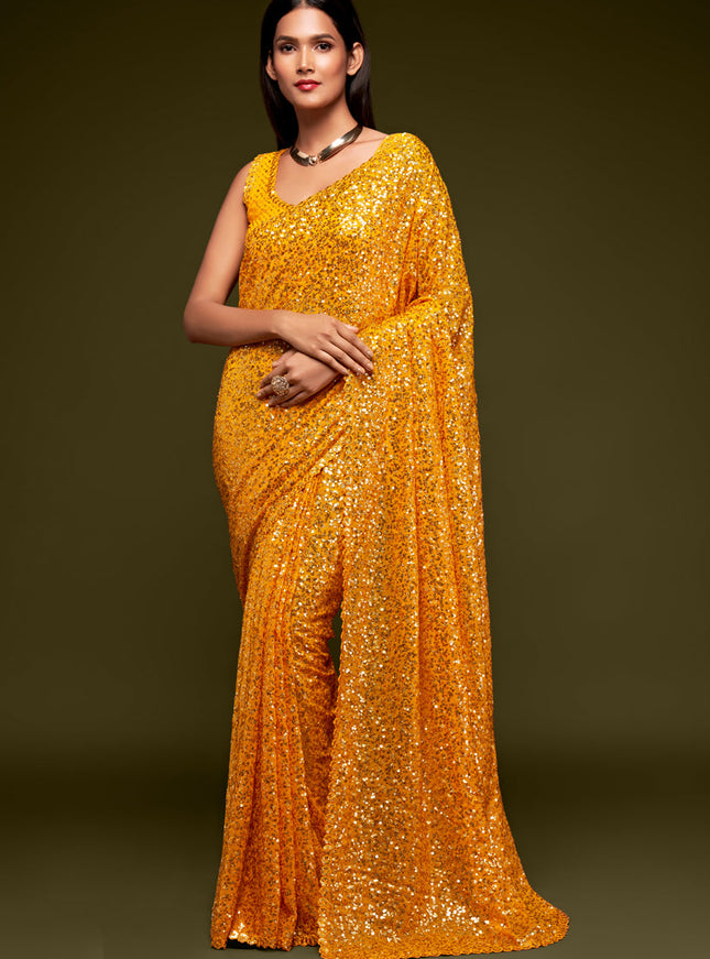 Captivating Yellow Georgette Thread and Sequins Embroidery Saree