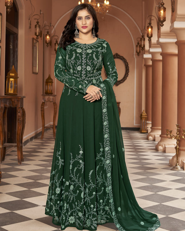 Bottle Green Faux Georgette Embroidered Anarkali Suit