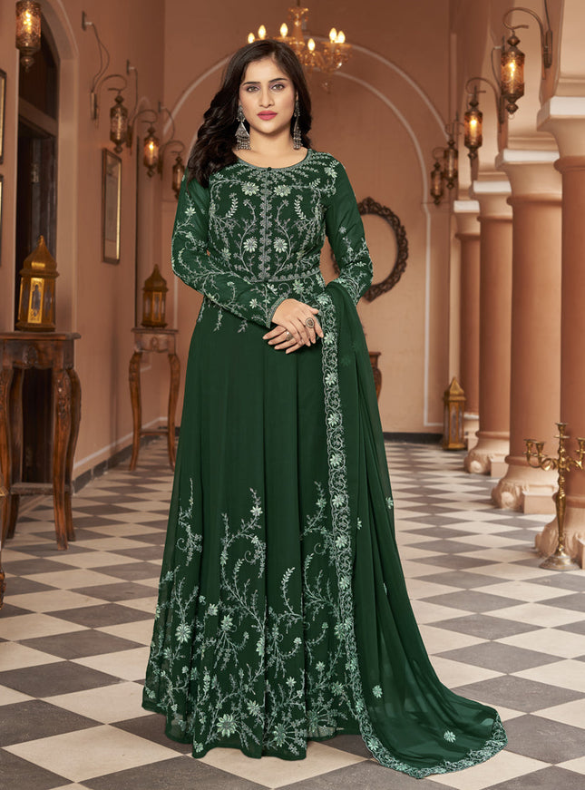 Bottle Green Faux Georgette Embroidered Anarkali Suit