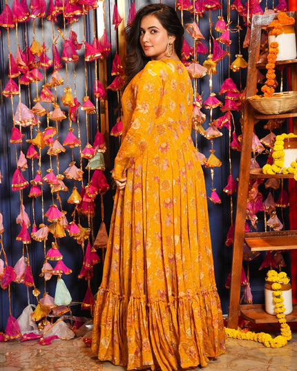 Turmeric Yellow Chinnon Printed Plus Size IndoWestern