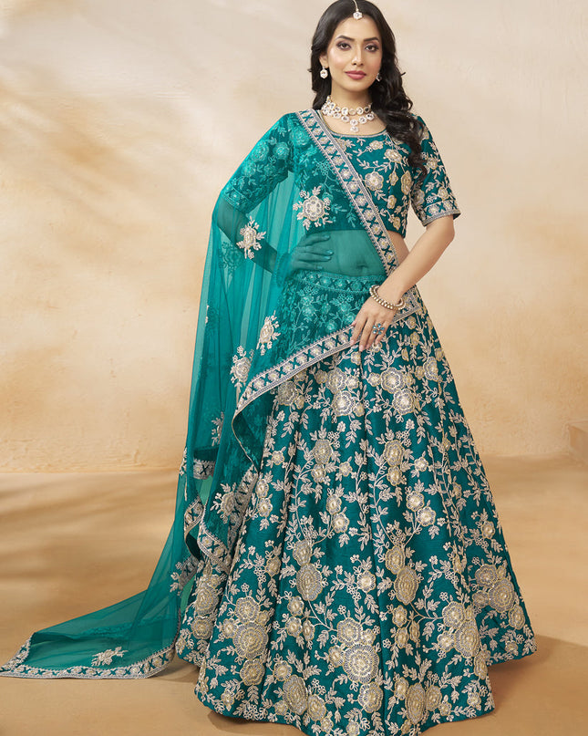 Rama Green Art Silk Embroidered Wedding Lehenga Choli