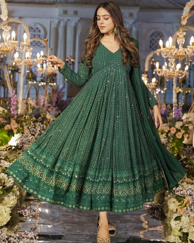 Green Faux Georgette Embroidered Gown with Dupatta