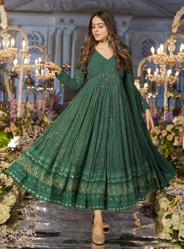 Green Faux Georgette Embroidered Gown with Dupatta