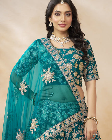 Rama Green Art Silk Embroidered Wedding Lehenga Choli