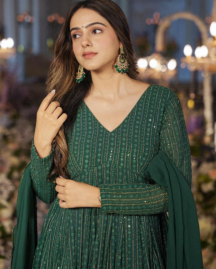 Green Faux Georgette Embroidered Gown with Dupatta