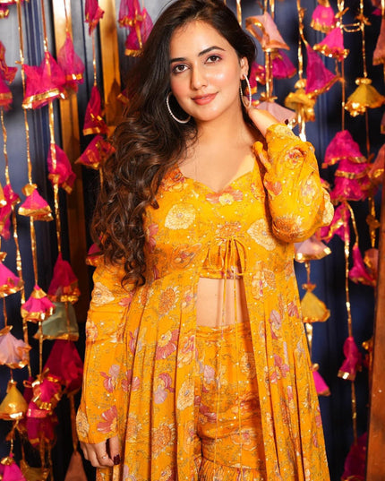 Turmeric Yellow Chinnon Printed Plus Size IndoWestern