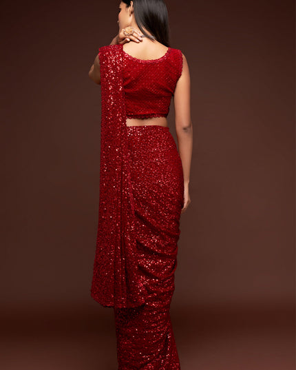 Sweet Red Georgette Thread and Sequins Embroidery Saree