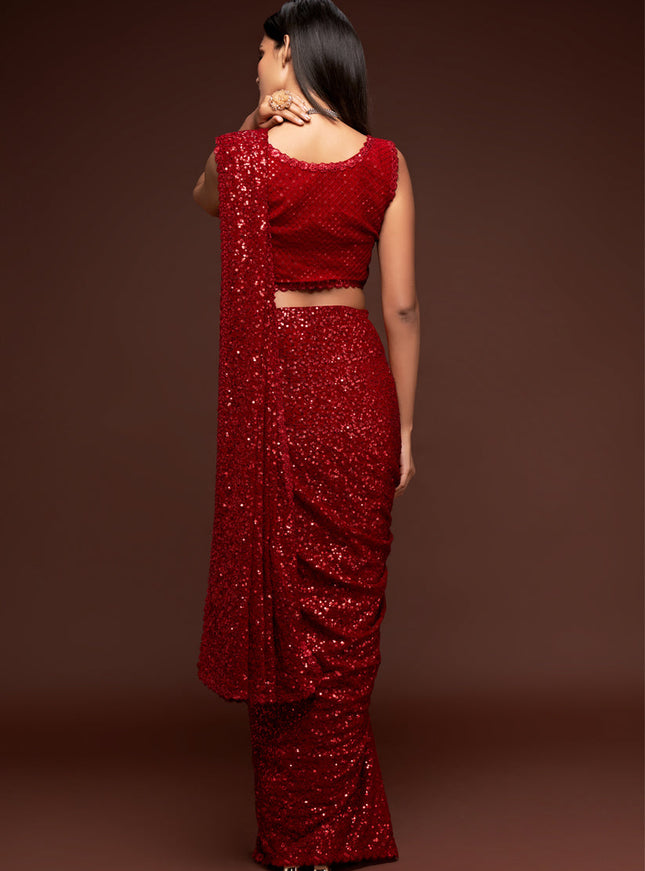 Sweet Red Georgette Thread and Sequins Embroidery Saree