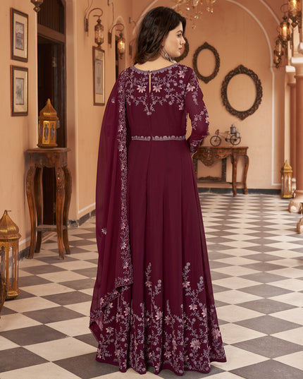 Maroon Faux Georgette Embroidered Anarkali Suit