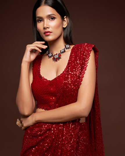 Sweet Red Georgette Thread and Sequins Embroidery Saree