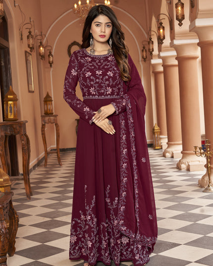 Maroon Faux Georgette Embroidered Anarkali Suit