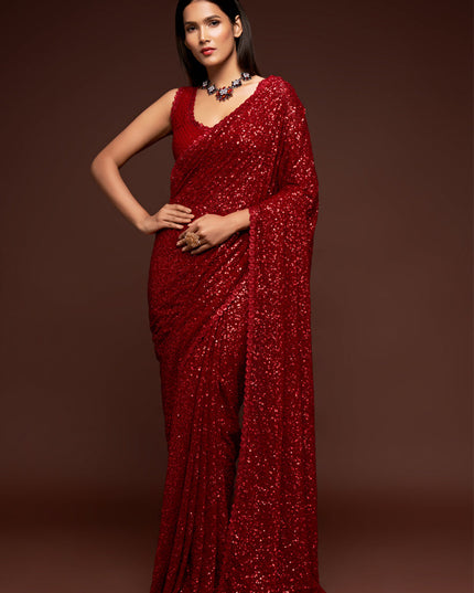Sweet Red Georgette Thread and Sequins Embroidery Saree