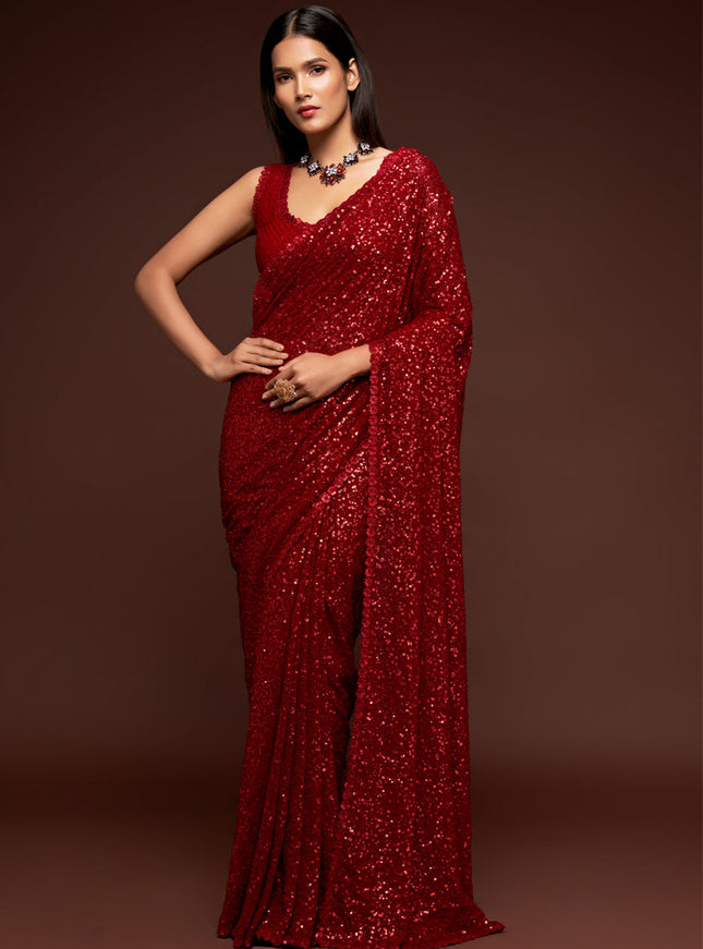 Sweet Red Georgette Thread and Sequins Embroidery Saree