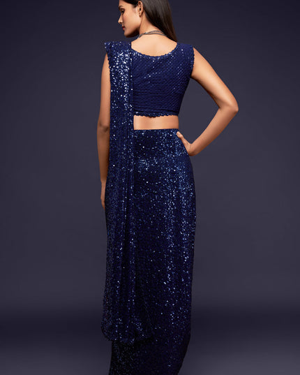 Stylish Blue Georgette Thread and Sequins Embroidery Saree