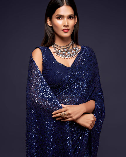Stylish Blue Georgette Thread and Sequins Embroidery Saree