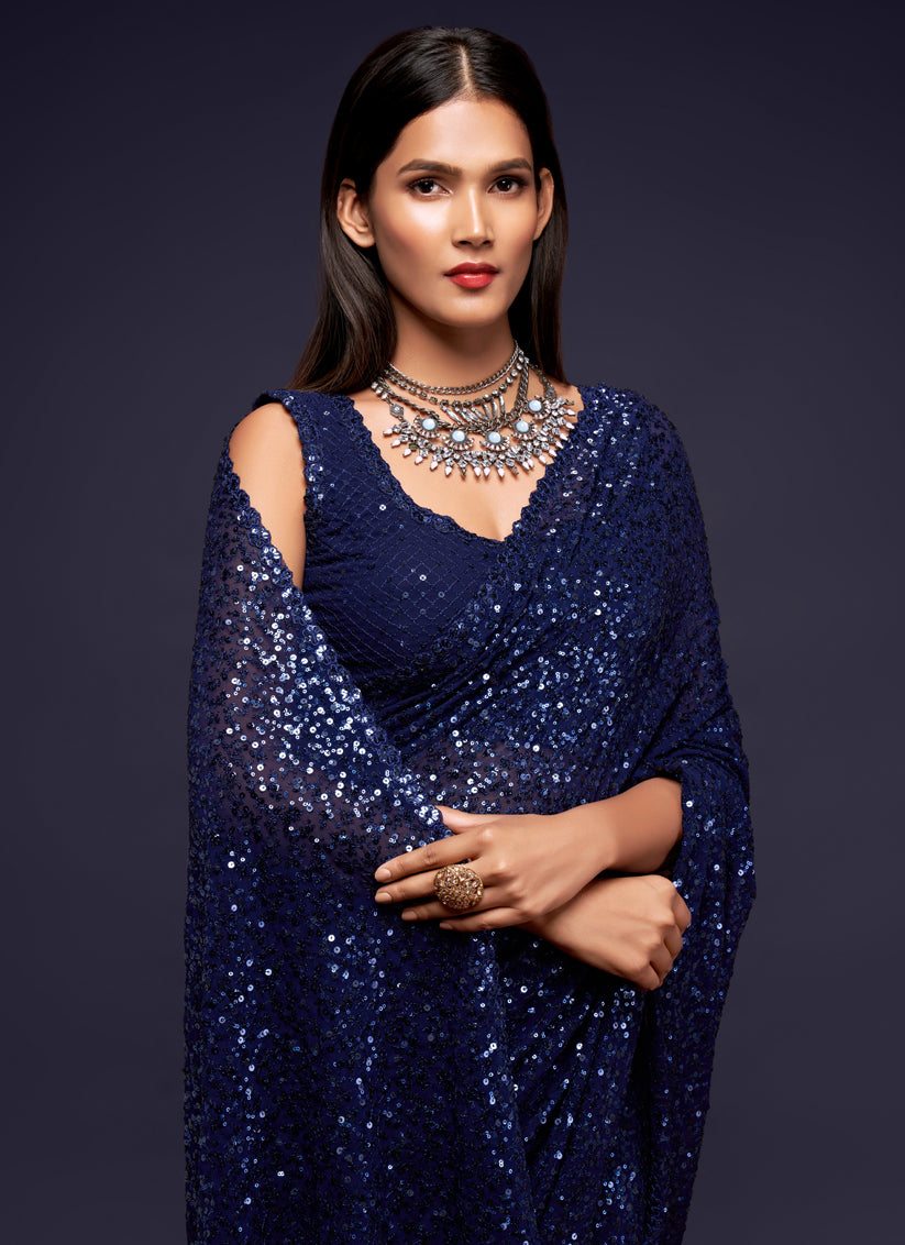 Stylish Blue Georgette Thread and Sequins Embroidery Saree