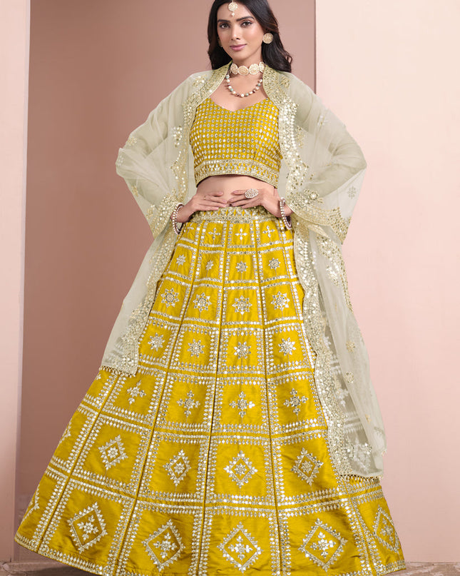 maize yellow art silk embroidered lehenga choli with net dupatta