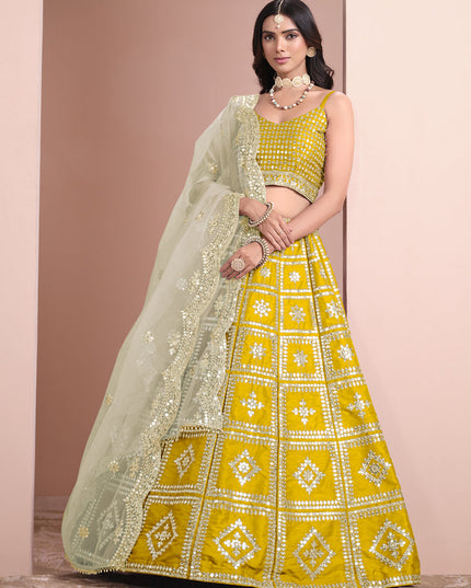 maize yellow art silk embroidered lehenga choli with net dupatta