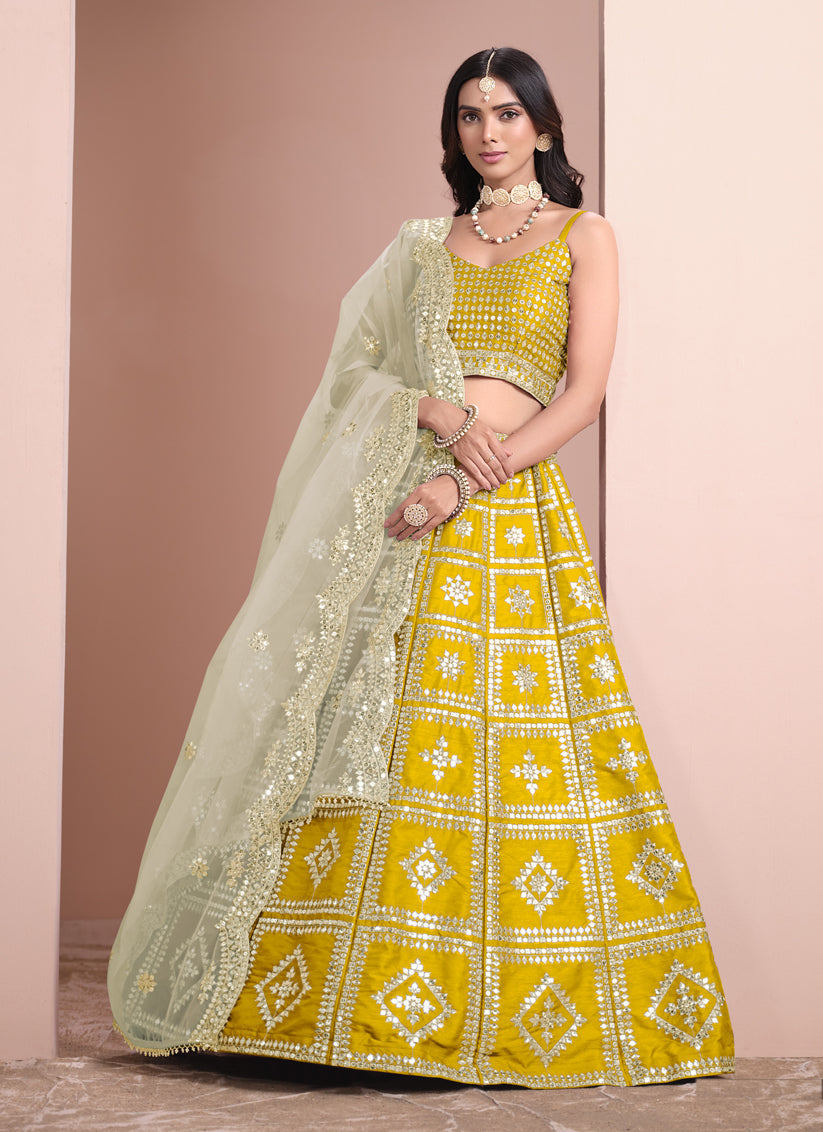 maize yellow art silk embroidered lehenga choli with net dupatta