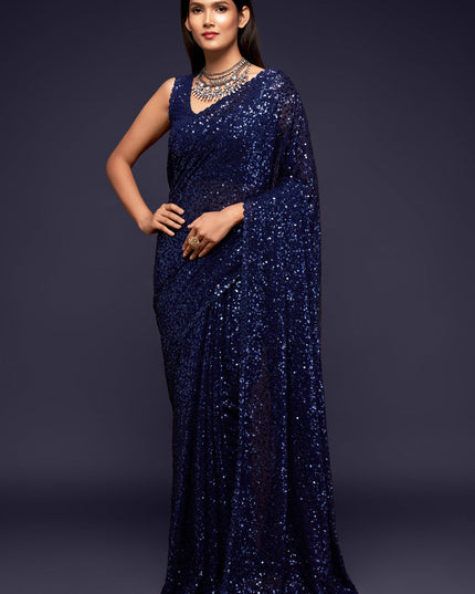 Stylish Blue Georgette Thread and Sequins Embroidery Saree