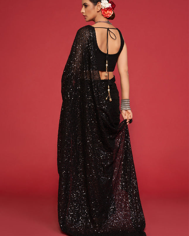Beautiful Black Georgette Thread and Sequins Embroidery Saree