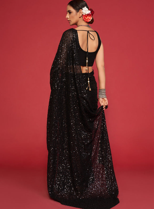 Beautiful Black Georgette Thread and Sequins Embroidery Saree