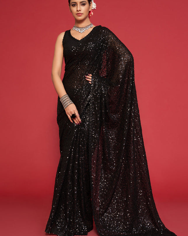 Beautiful Black Georgette Thread and Sequins Embroidery Saree