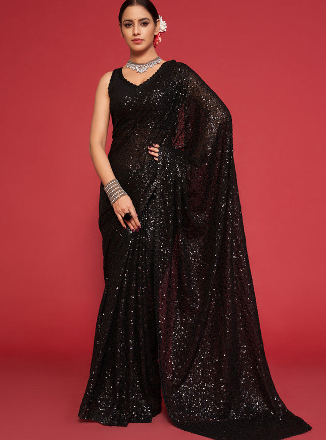 Beautiful Black Georgette Thread and Sequins Embroidery Saree