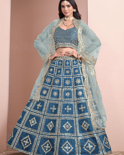 peacock blue art silk embroidered lehenga choli with net dupatta