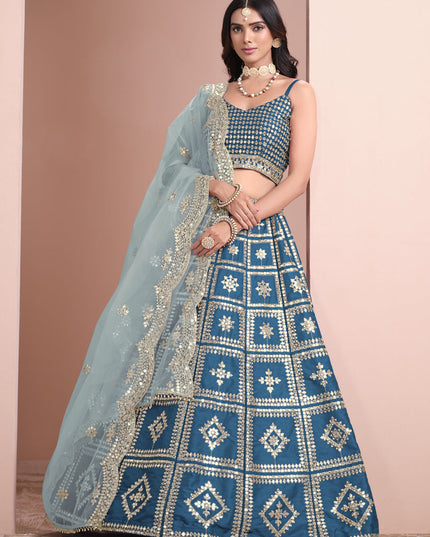 peacock blue art silk embroidered lehenga choli with net dupatta