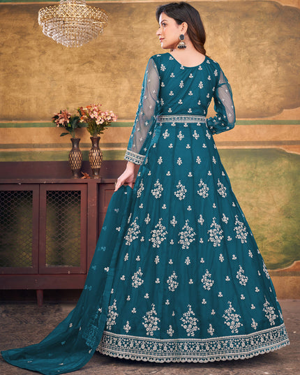 Peacock Blue Net Embroidered Anarkali Dress