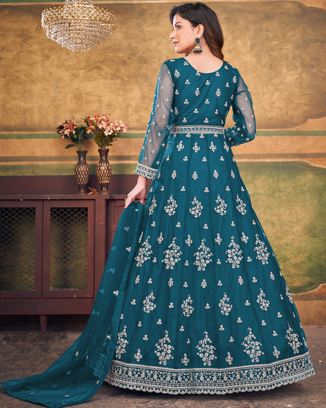 Peacock Blue Net Embroidered Anarkali Dress