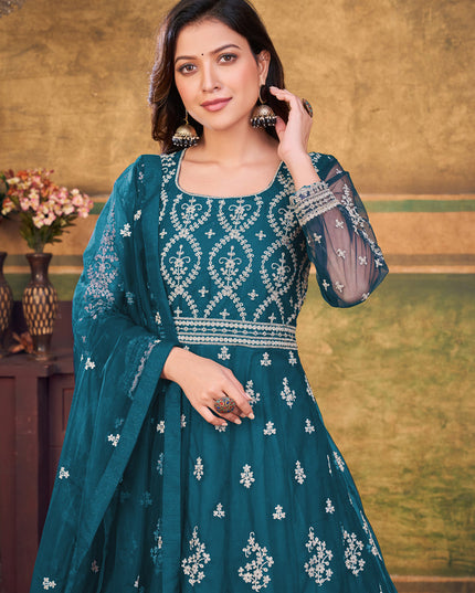 Peacock Blue Net Embroidered Anarkali Dress