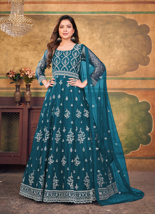 Peacock Blue Net Embroidered Anarkali Dress