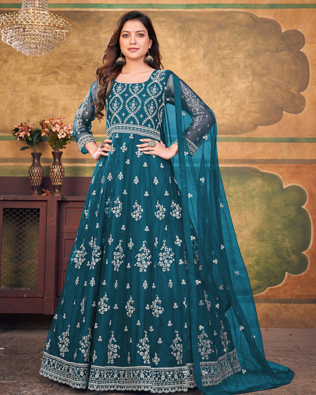 Peacock Blue Net Embroidered Anarkali Dress