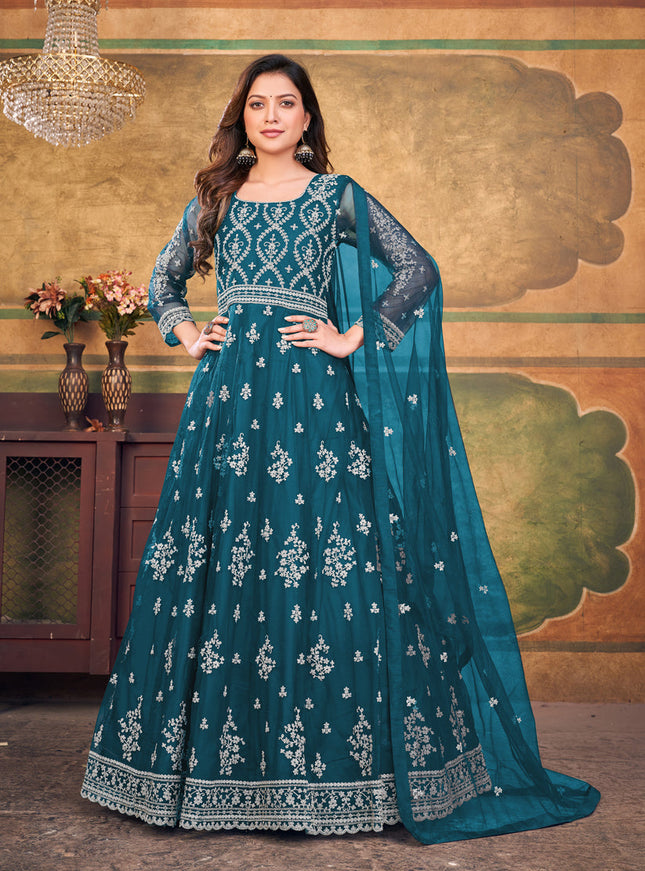 Peacock Blue Net Embroidered Anarkali Dress