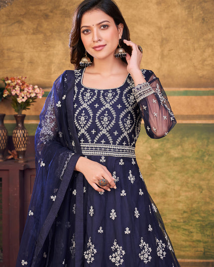 Midnight Blue Net Embroidered Anarkali Dress