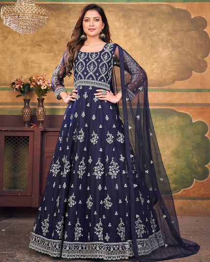 Midnight Blue Net Embroidered Anarkali Dress