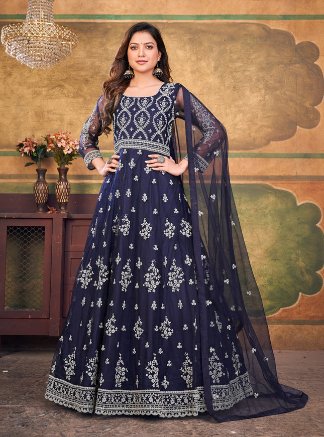 Midnight Blue Net Embroidered Anarkali Dress