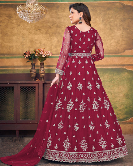 Maroon Net Embroidered Anarkali Dress