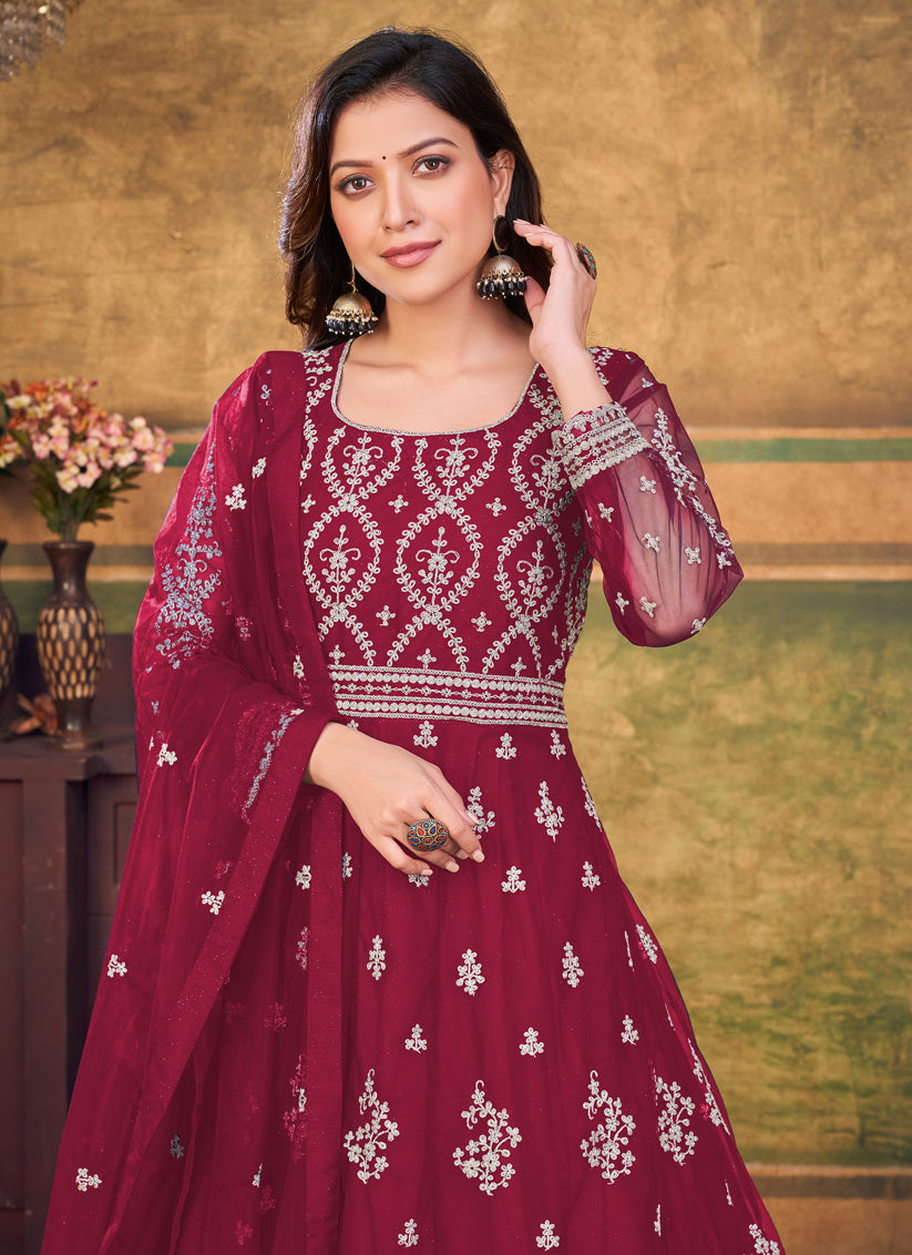Maroon Net Embroidered Anarkali Dress