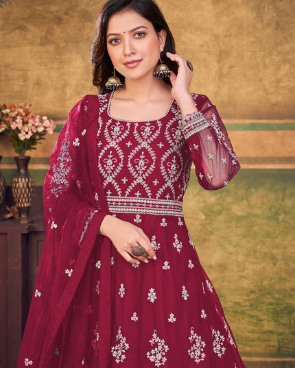 Maroon Net Embroidered Anarkali Dress