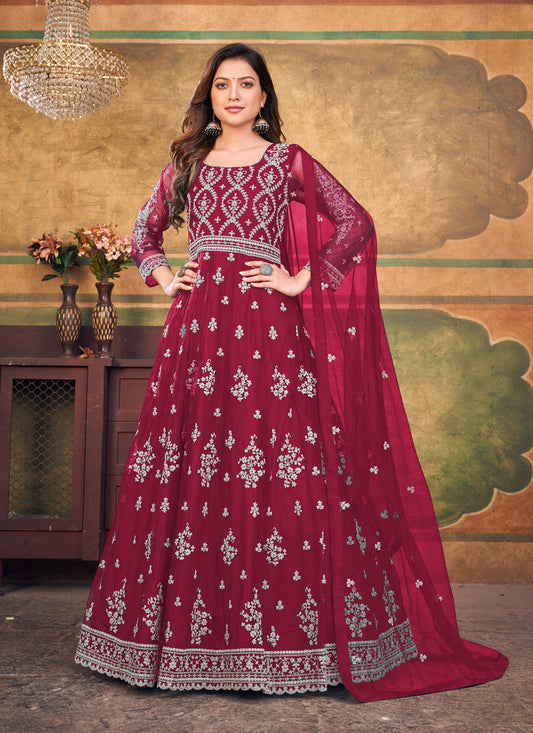 Maroon Net Embroidered Anarkali Dress
