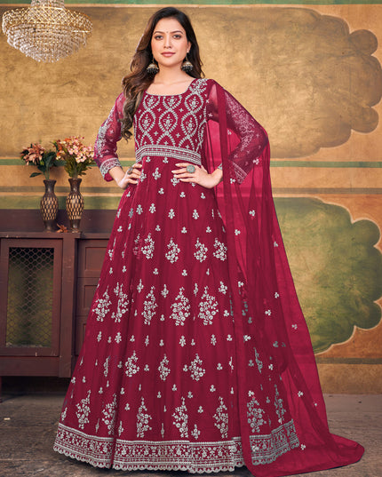 Maroon Net Embroidered Anarkali Dress