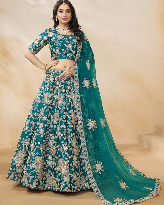 Rama Green Art Silk Embroidered Wedding Lehenga Choli