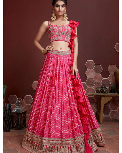 Incredible Pink Chinnon Silk Embroidered Wedding Lehenga Choli