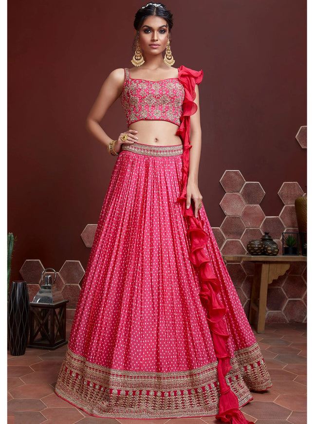 Incredible Pink Chinnon Silk Embroidered Wedding Lehenga Choli