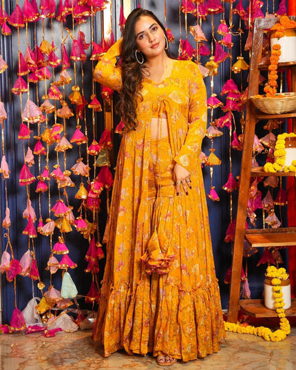 Turmeric Yellow Chinnon Printed Plus Size IndoWestern